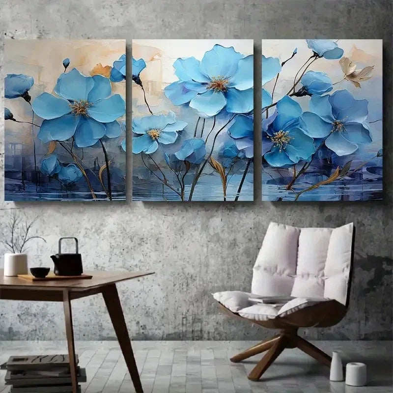 3pcs Blue Flowers and Golden Accents Metal Print Ready to Hang Art