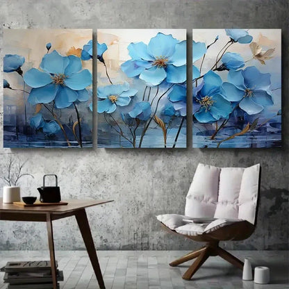 3pcs Blue Flowers and Golden Accents Metal Print Ready to Hang Art