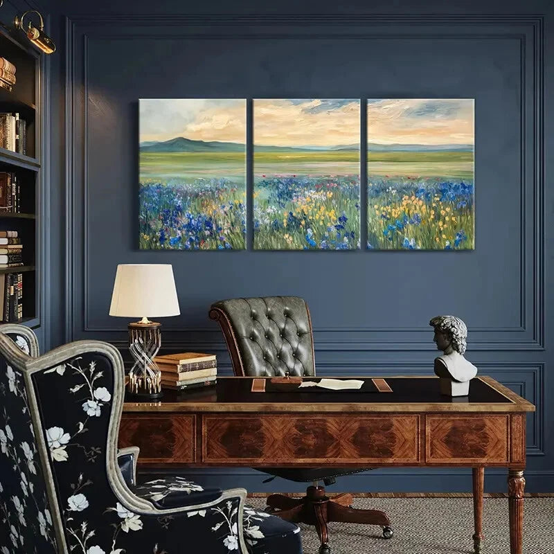 3pcs Landscape Painting Mountain Floral Field Metal Print Ready to Hang Art