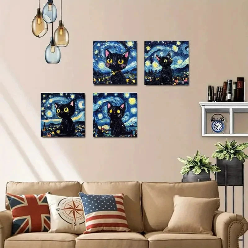 4pcsBlack Cat Starry Night ThemeWall Art Canvas Framed