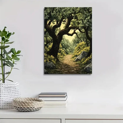 Flourishing Oak Forest Scene with Sunlit Pathway 40x60cm Metal Print Ready to Hang