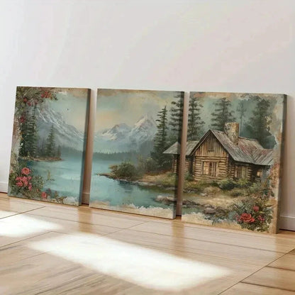 3pcs Rustic Log Cabin Lake View Snowy Mountains Wall Art Set Canvas Framed 40x60cm - High Quality Print 100% Australian Made Wall Canvas Ready to Hang