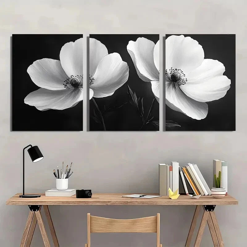 3pcs Elegant Black and White Floral Metal Print Ready to Hang Art