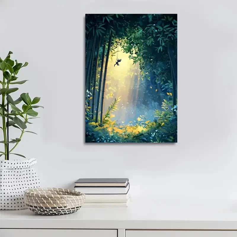 Serene Bamboo Grove with Squirrel Swing Painting 40x60cm Metal Print Ready to Hang
