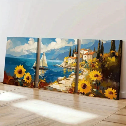 3pcs Island Scenery Sailing Boat Sunflowers Wall Art Set Canvas Framed 40x60cm - High Quality Print 100% Australian Made Wall Canvas Ready to Hang