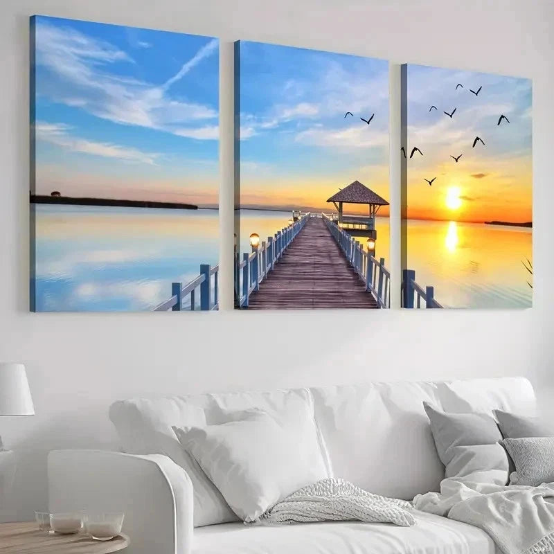 3pcs Bridge By The Seaside And A Sunset Perfect Wall Art Set Canvas Framed 40x60cm - High Quality Print 100% Australian Made Wall Canvas Ready to Hang
