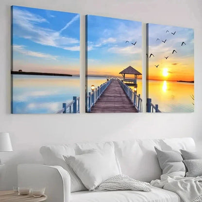 3pcs Bridge By The Seaside And A Sunset Perfect Wall Art Set Canvas Framed 40x60cm - High Quality Print 100% Australian Made Wall Canvas Ready to Hang