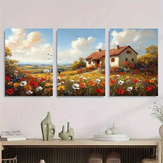 3pcs Farmhouse Flower Cow Rural Scenery Metal Print Ready to Hang Art