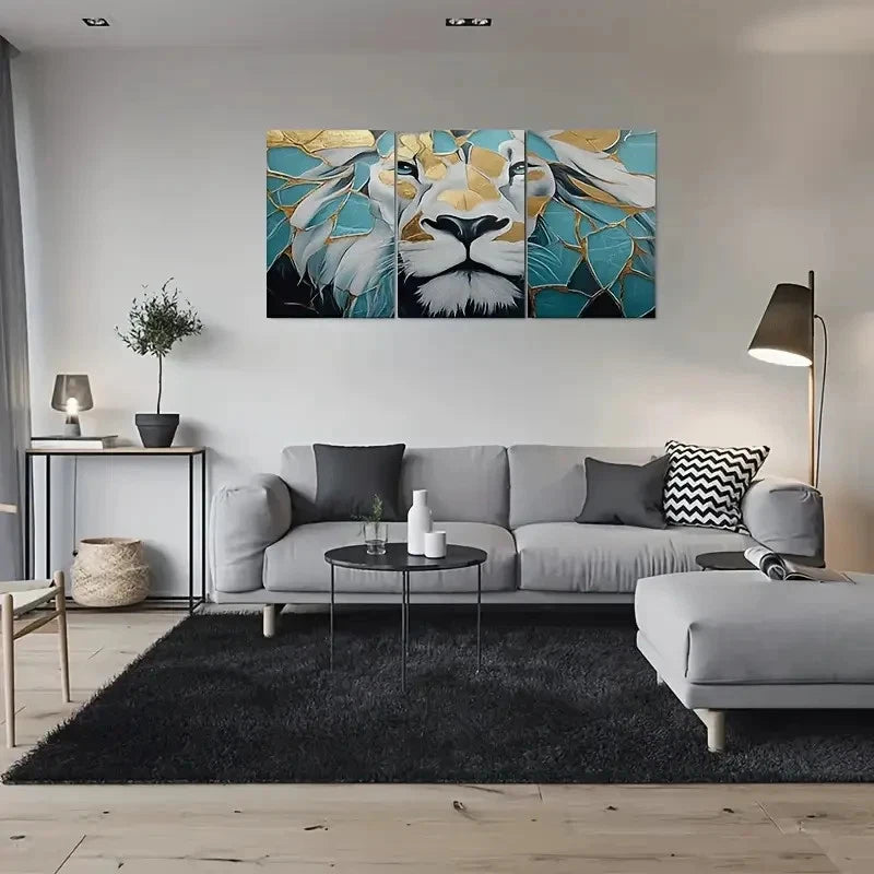 3pcs Lion Golden & Teal Geometric Wall Art Set Canvas Framed 40x60cm - High Quality Print 100% Australian Made Wall Canvas Ready to Hang