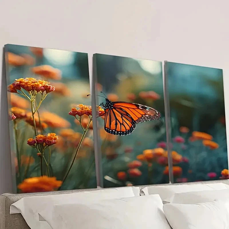 3pcs Orange Monarch Butterfly in a Flower Wall Art Set Canvas Framed 50x70cm - High Quality Print 100% Australian Made Wall Canvas Ready to Hang