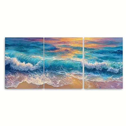 3pcs Golden Sea Sunset Wall Art Canvas Framed 50x70cm - High Quality Print 100% Australian Made Wall Canvas Ready to Hang