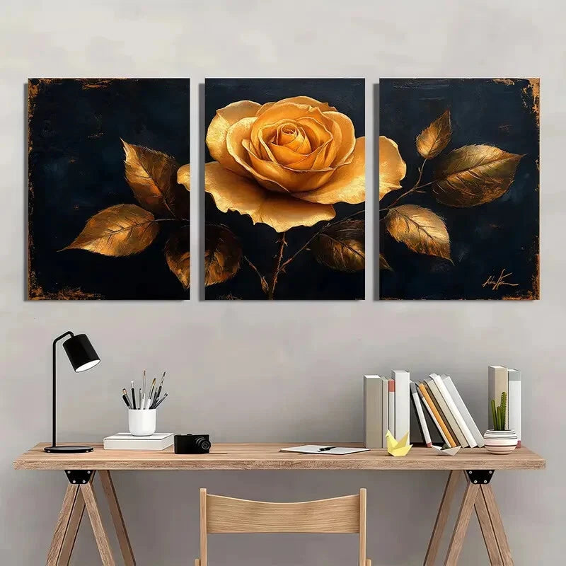 3pcs Black and Golden Rose Beautiful Metal Print Ready to Hang Art