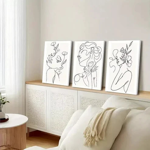 3pcs Minimalist Woman Flower Line Canvas Framed 60X90 cm - High Quality Print 100% Australian Made Wall Canvas Ready to Hang