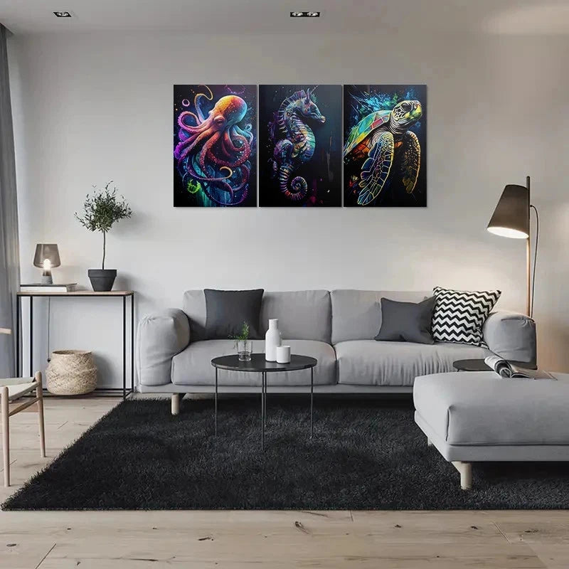 3pcs Colorful Sea Life Octopus Seahorse Turtle Metal Print Ready to Hang Art