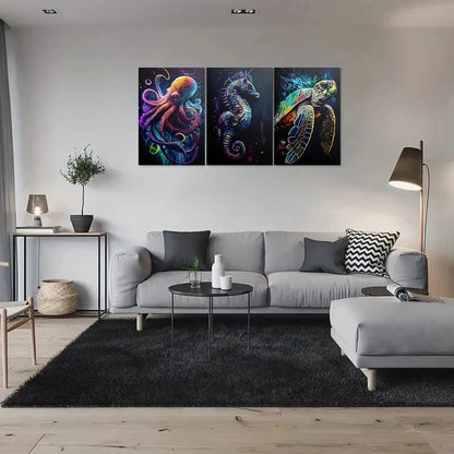 3pcs Colorful Sea Life Octopus Seahorse Turtle Metal Print Ready to Hang Art