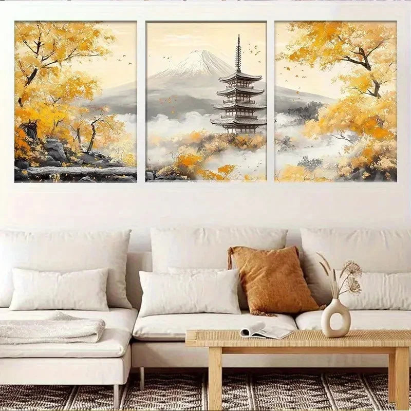 3pcs Mount Fuji Temple Tower & Autumn Trees Metal Print Ready to Hang Art