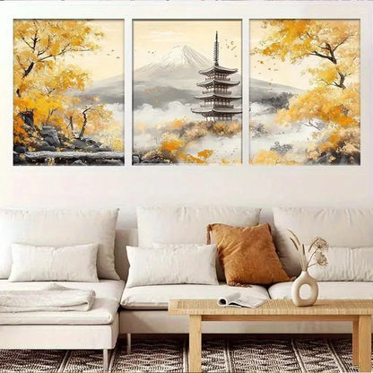 3pcs Mount Fuji Temple Tower & Autumn Trees Metal Print Ready to Hang Art