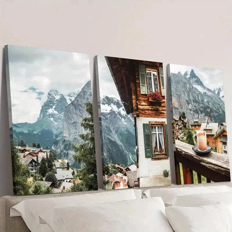 3pcs Café Terrace with View of Swiss Jungfrau Wall Art Set Canvas Framed 40x60cm - High Quality Print 100% Australian Made Wall Canvas Ready to Hang