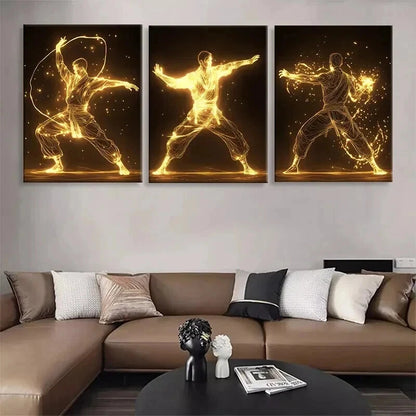 3pcs Glowing Martial Golden Energy Perfect Wall Art Set Canvas Framed 40x60cm - High Quality Print 100% Australian Made Wall Canvas Ready to Hang