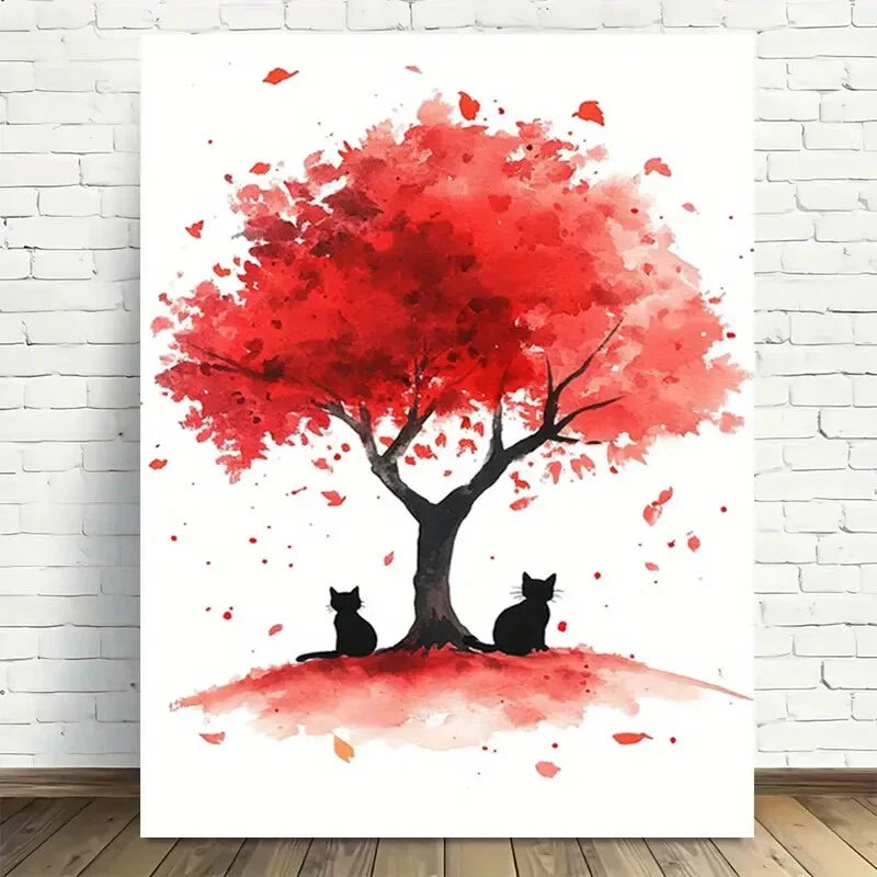 Beautiful Autumn Cats Under Red Tree Painting 40x60cm Metal Print Ready to Hang