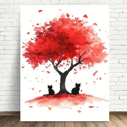 Beautiful Autumn Cats Under Red Tree Painting 40x60cm Metal Print Ready to Hang