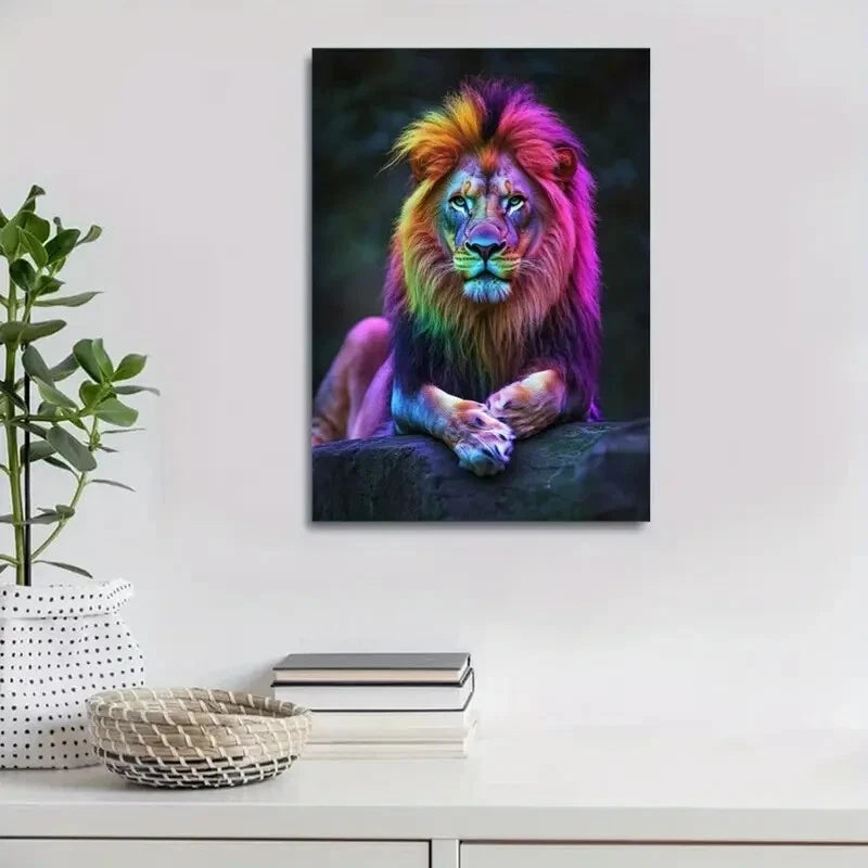Beautiful Contemporary Colorful Lion Painting 40x60cm Metal Print Ready to Hang
