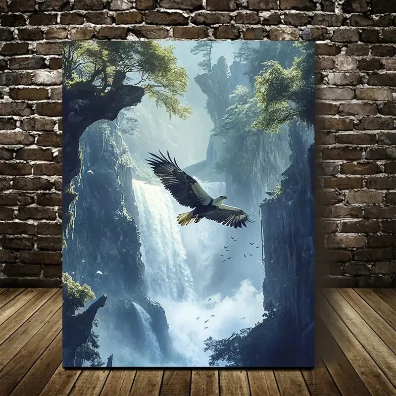 Dreamlike Eagle & Waterfall Scene Painting 40x60cm Metal Print Ready to Hang