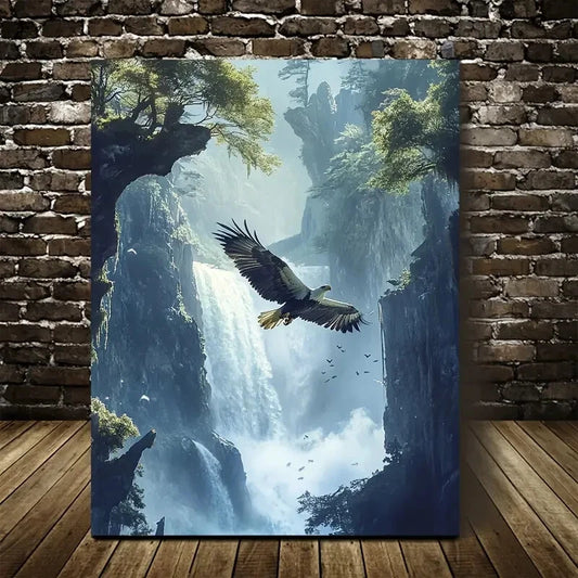 Dreamlike Eagle & Waterfall Scene Painting 40x60cm Metal Print Ready to Hang