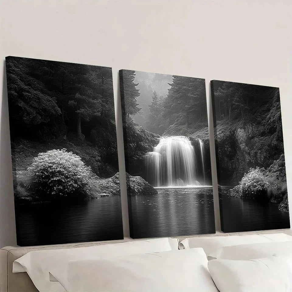 3pcs Black and White Waterfall Serene Forest Wall Art Set Canvas Framed 60x90cm - High Quality Print 100% Australian Made Wall Canvas Ready to Hang