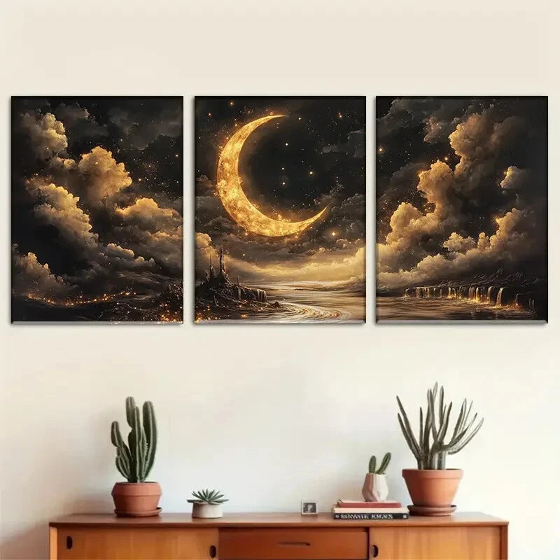 3pcs Mysterious Night Sky with Crescent Perfect Wall Art Set Canvas Framed 40x60cm - High Quality Print 100% Australian Made Wall Canvas Ready to Hang