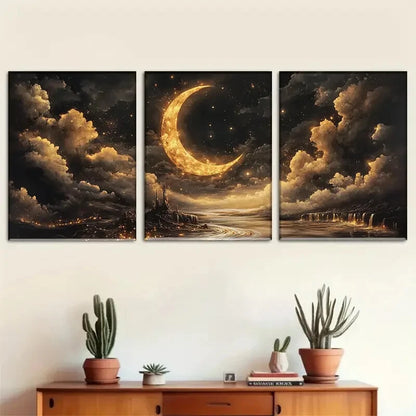 3pcs Mysterious Night Sky with Crescent Perfect Wall Art Set Canvas Framed 40x60cm - High Quality Print 100% Australian Made Wall Canvas Ready to Hang