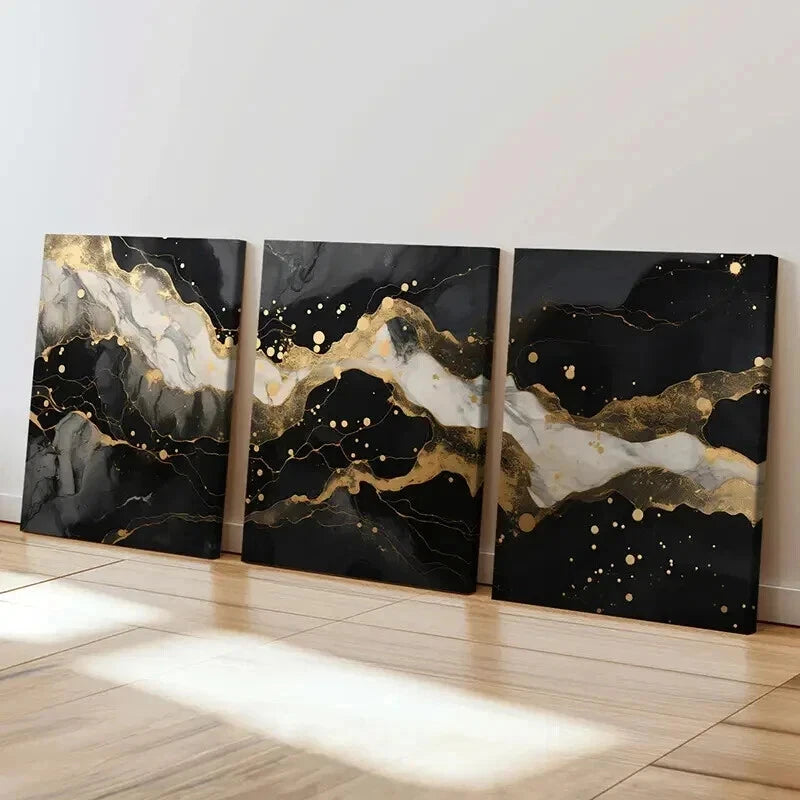 3pcs Abstract Black Gold Marble Texture Wall Art Set Canvas Framed 40x60cm - High Quality Print 100% Australian Made Wall Canvas Ready to Hang