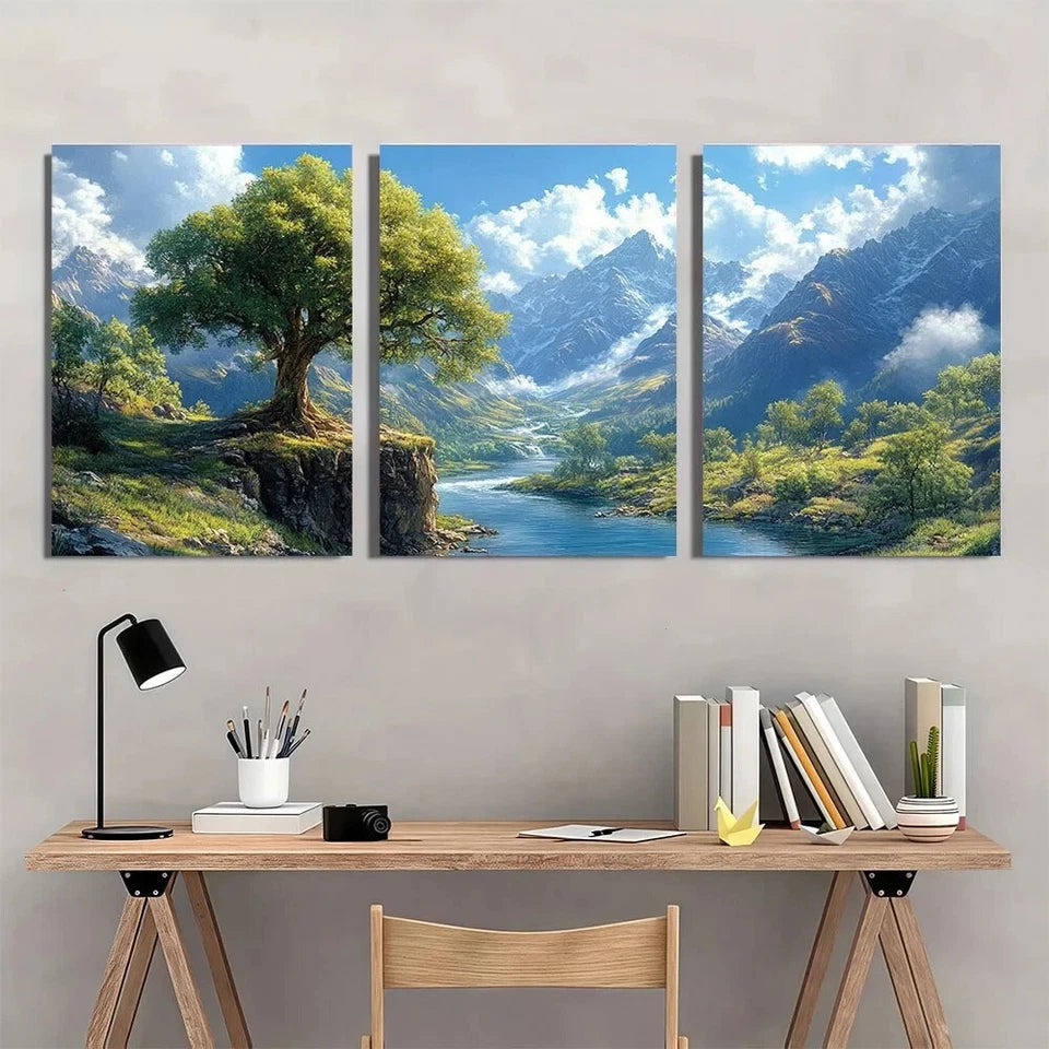 3pcs Mountains River and Bright Sky Metal Print Ready to Hang Art