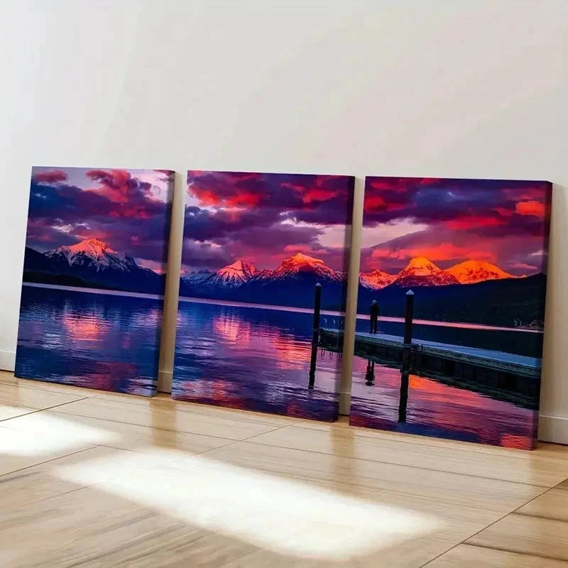 3pcs Snow Mountain Lake at Sunset Wall Art Set Canvas Framed 40x60cm - High Quality Print 100% Australian Made Wall Canvas Ready to Hang