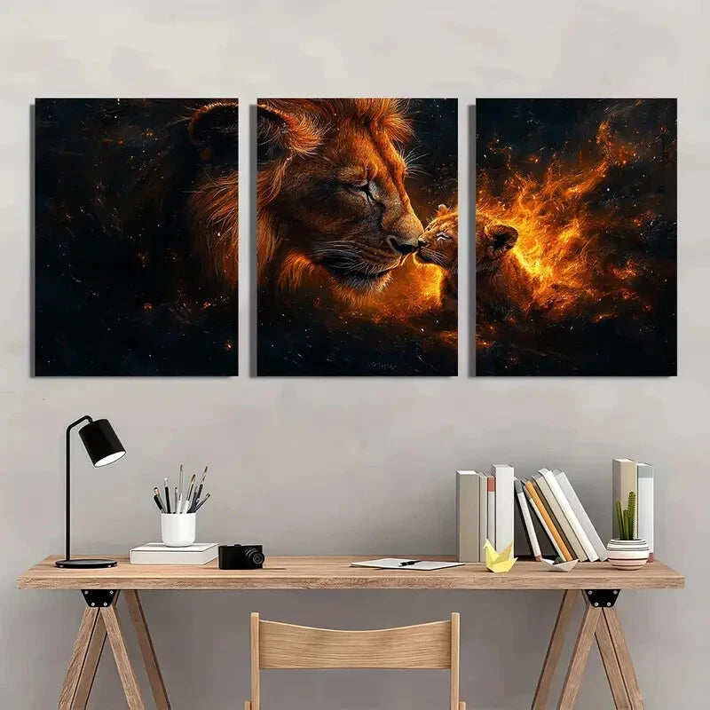 3pcs Lion Mother & Cub Design Vibrant Orange Metal Print Ready to Hang Art