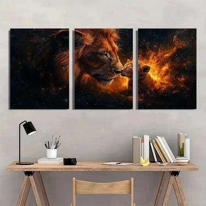 3pcs Lion Mother & Cub Design Vibrant Orange Metal Print Ready to Hang Art