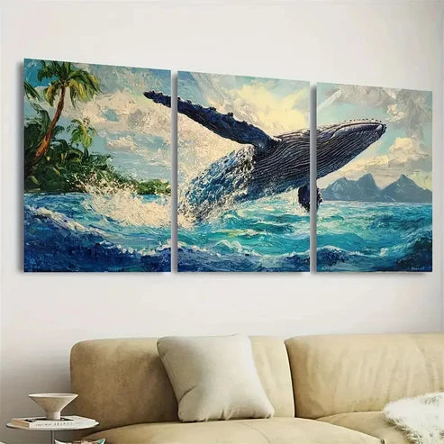3pcs Bora Bora Whale, Breaching Humpback Wall Art Set Canvas Unframed - High Quality Print 100% Australian Made Wall Canvas