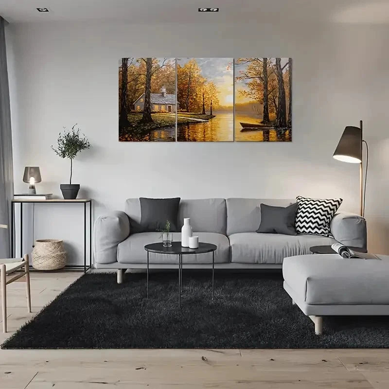 3pcs Autumn Serenity Lake with Boat Metal Print Ready to Hang Art