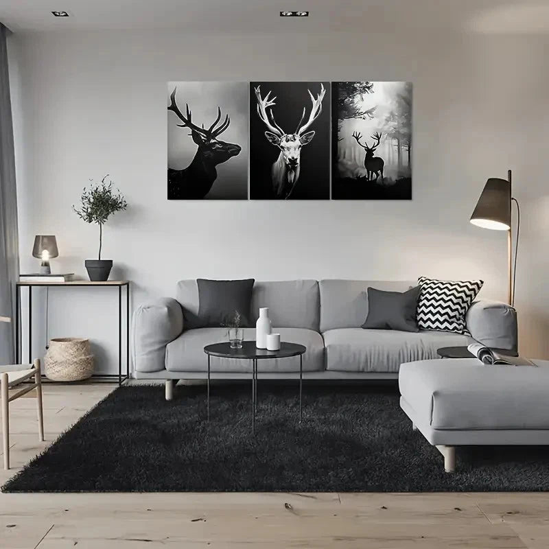 3pcs Black and White Deer Forest Animal Metal Print Ready to Hang Art