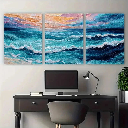 3pcs Abstract Textured Sea Landscape Perfect  Wall Art Set Canvas Framed 60x90cm - High Quality Print 100% Australian Made Wall Canvas Ready to Hang