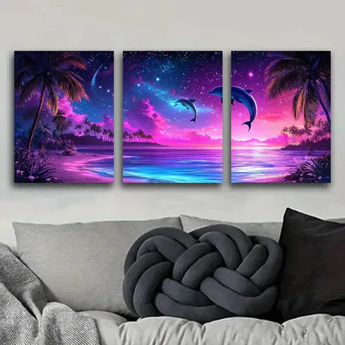 3pcs Dolphin Silhouette Under Purple Sky Ocean Wall Art Set Canvas Unframed - High Quality Print 100% Australian Made Wall Canvas