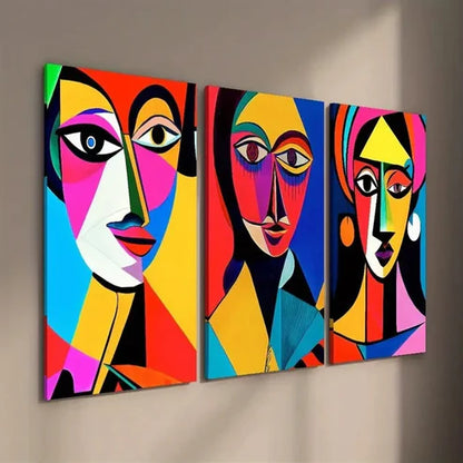 3pcs Vibrant Abstract Geometric Female Faces Wall Art Set Canvas Unframed - High Quality Print 100% Australian Made Wall Canvas