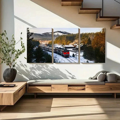 3pcs Snowy Landscape with Steam Train Wall Art Set Canvas Framed 40x60cm - High Quality Print 100% Australian Made Wall Canvas Ready to Hang
