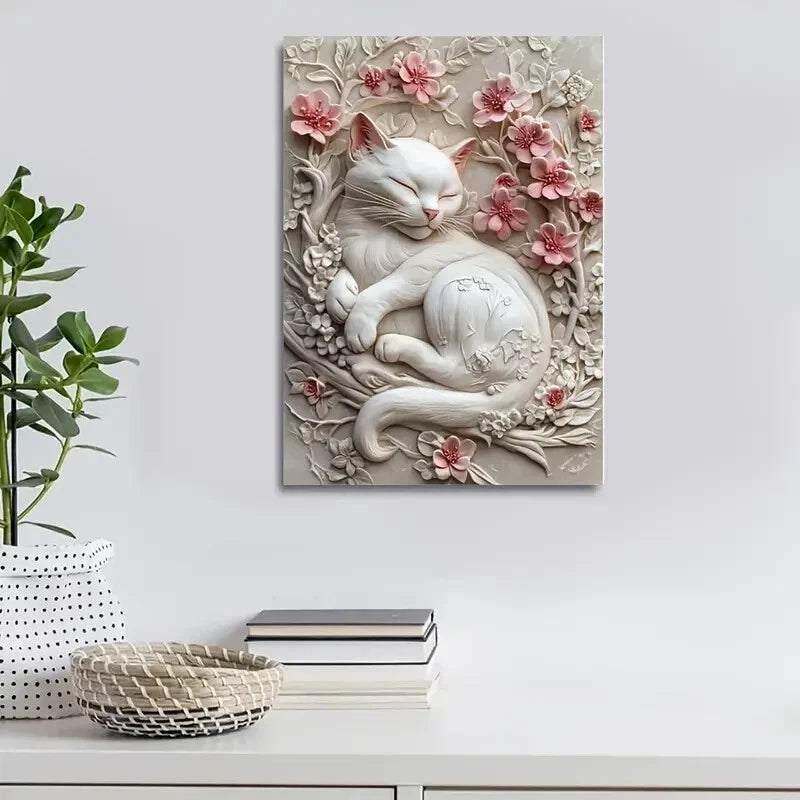 Beautiful Chill Like a Cat Heart Blossoms Painting 40x60cm Metal Print Ready to Hang