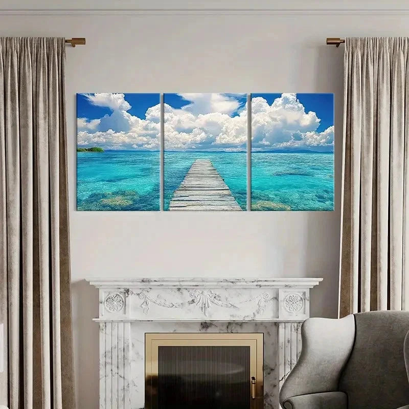 3pcs Australian Palm Beach Sea, White Clouds Wall Art Set Canvas Framed 60x90cm - High Quality Print 100% Australian Made Wall Canvas Ready to Hang