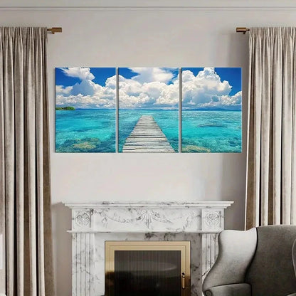 3pcs Australian Palm Beach Sea, White Clouds Wall Art Set Canvas Framed 60x90cm - High Quality Print 100% Australian Made Wall Canvas Ready to Hang