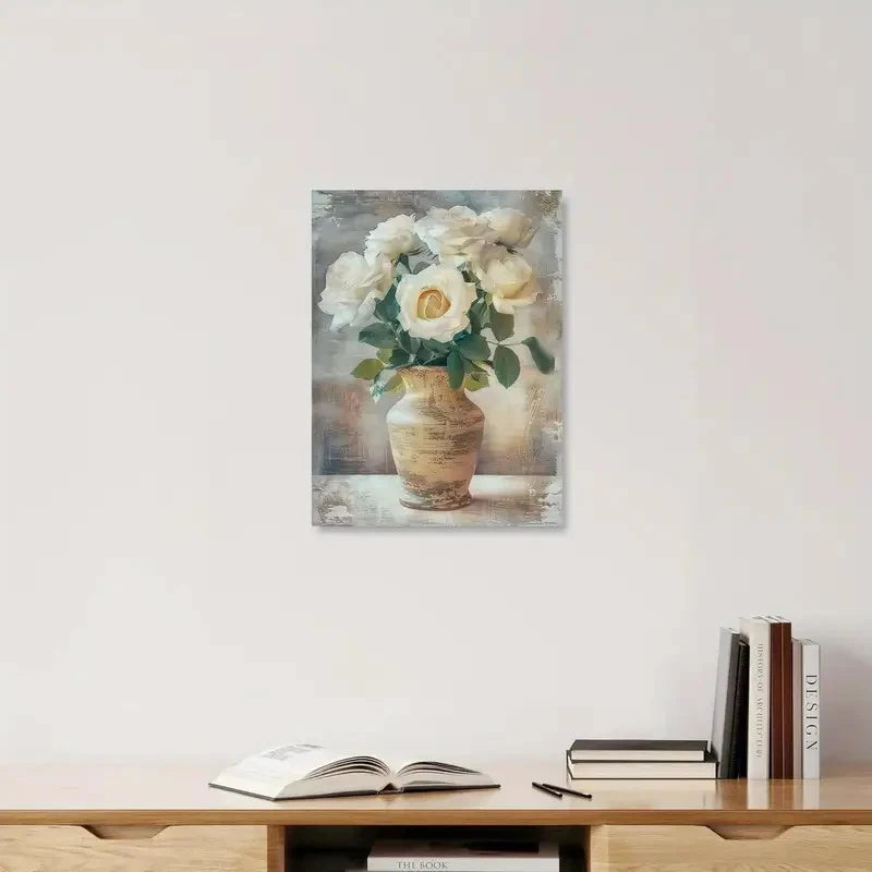 Beautiful White Roses In Rustic Vase Elegant Floral 40x60cm Metal Print Ready to Hang