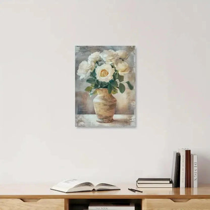 Beautiful White Roses In Rustic Vase Elegant Floral 40x60cm Metal Print Ready to Hang