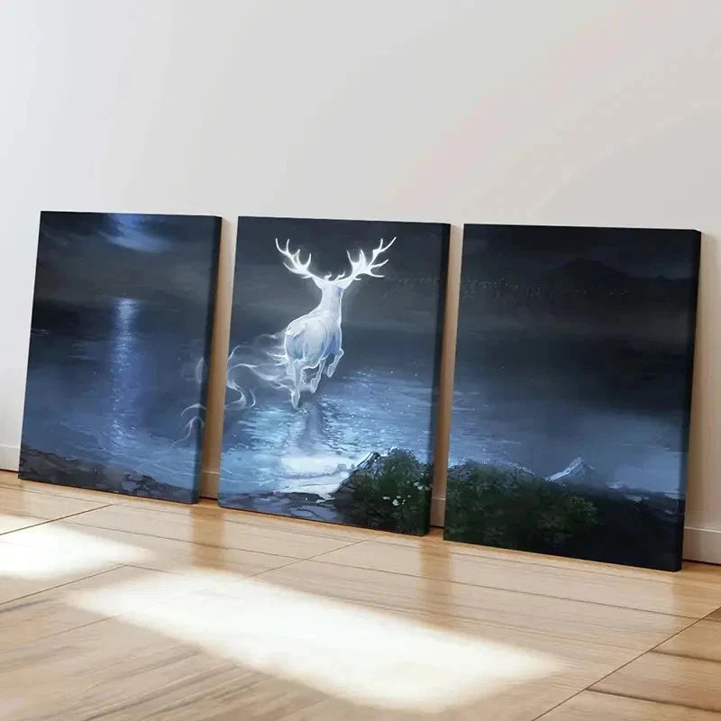 3pcs Enchanted Forest Scene with Glowing Deer Wall Art Set Canvas Framed 40x60cm - High Quality Print 100% Australian Made Wall Canvas Ready to Hang