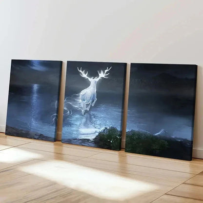 3pcs Enchanted Forest Scene with Glowing Deer Wall Art Set Canvas Framed 40x60cm - High Quality Print 100% Australian Made Wall Canvas Ready to Hang
